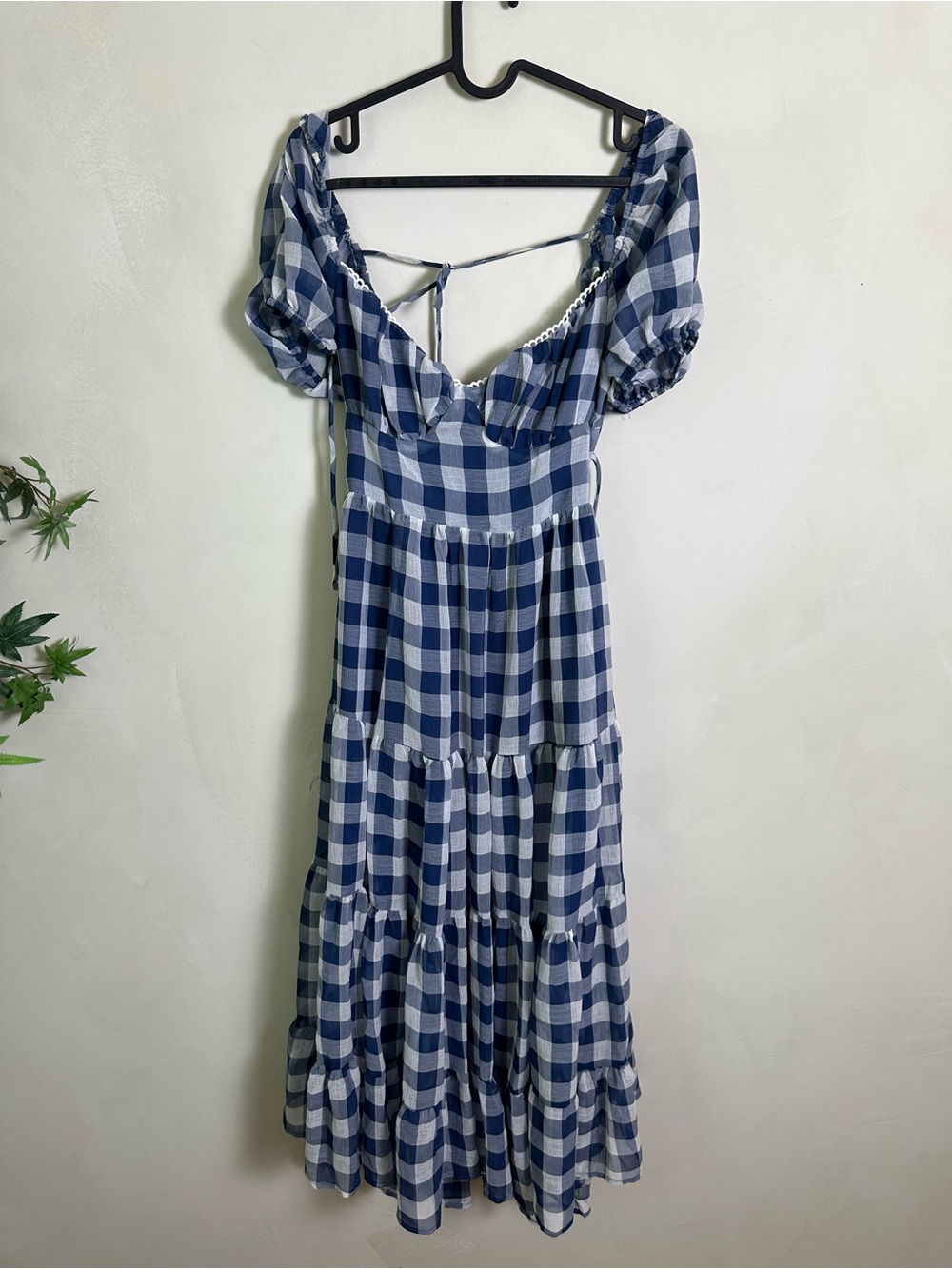 Mable Blue Gingham Puff-Sleeve Tiered Midi Dress Size Large